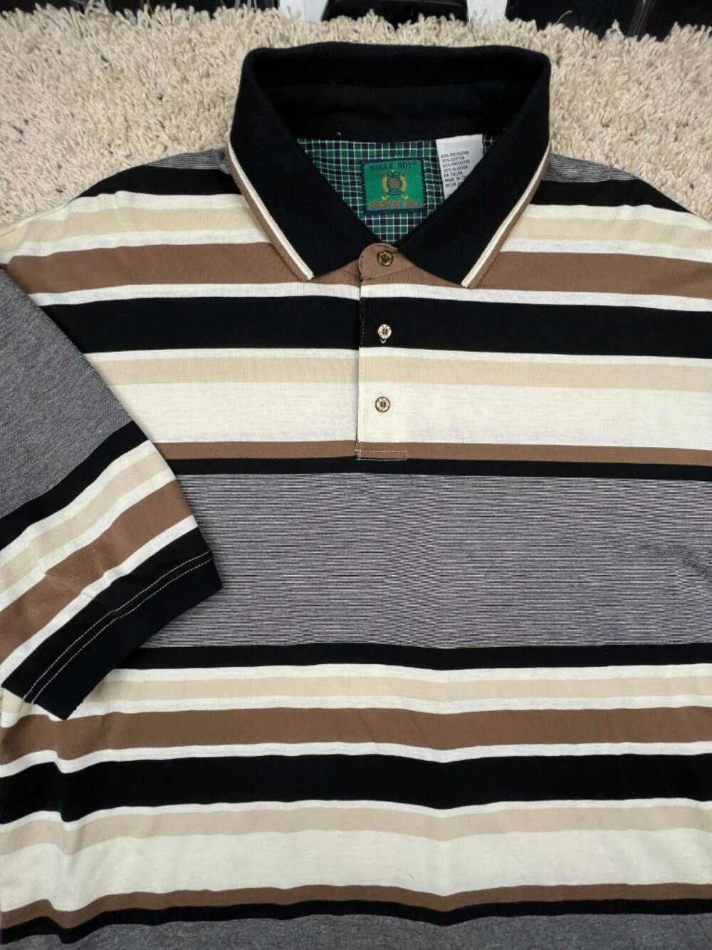 VTG Bugle Boy Signature Golf Polo Shirt Striped Brown Gray Black Adult XL NICE